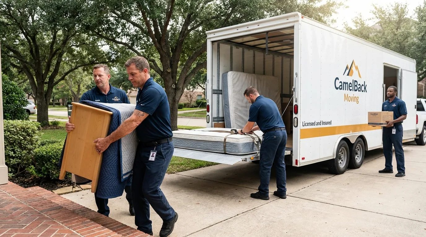 Crew loading residential truck for cross-state move from Dos Palos, CA
