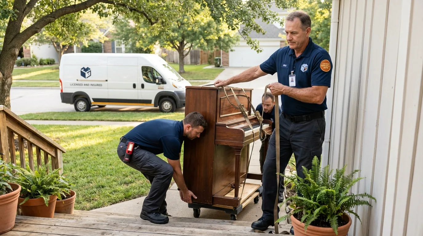 Licensed piano movers securing grand piano in Dos Palos, CA