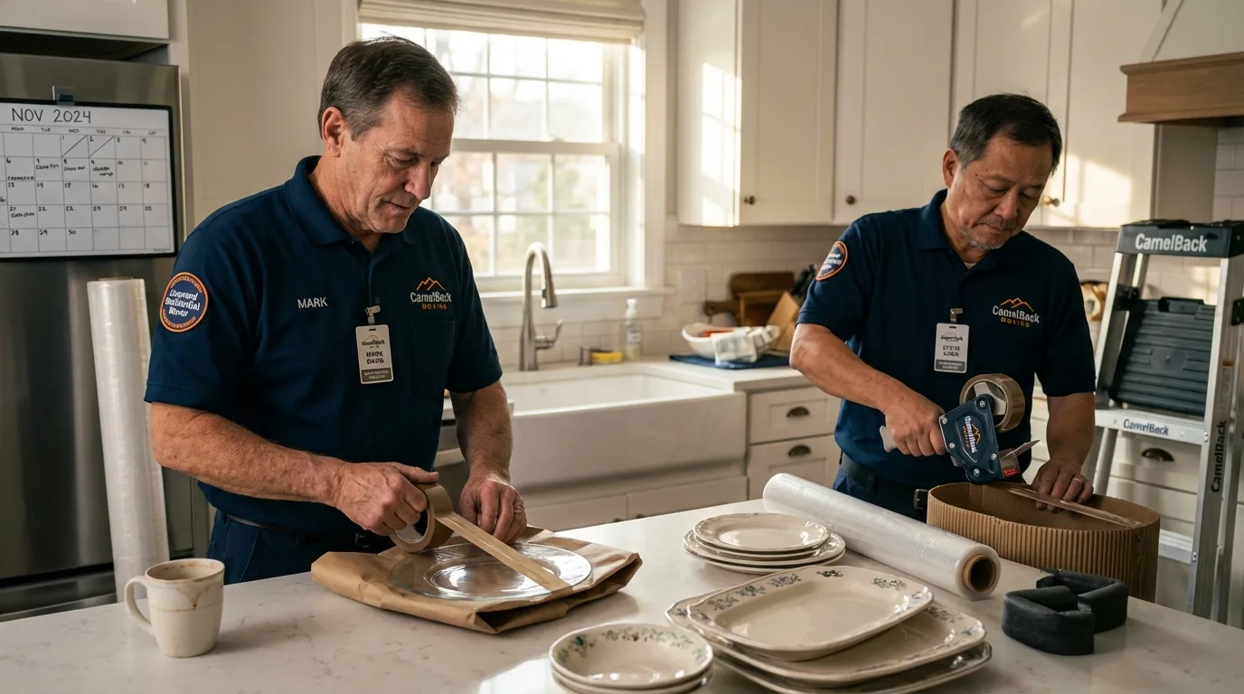 Professional crew packing kitchen dishware in Dos Palos, CA